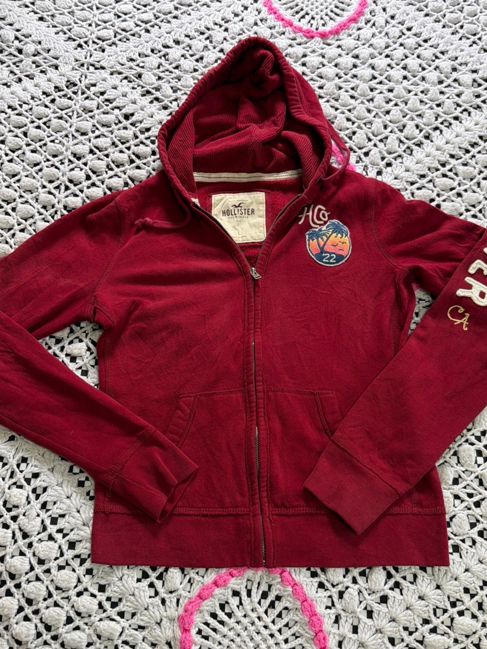 Hollister Burgundy Zip Hoodie with Tropical Patch